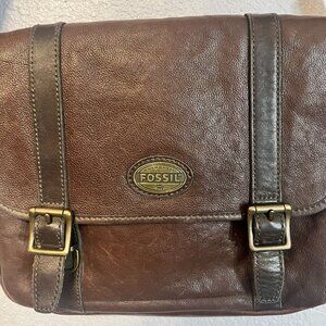 Fossil Brown Leather Crossbody Briefcase Laptop Messenger Attache' Bag Carryon
